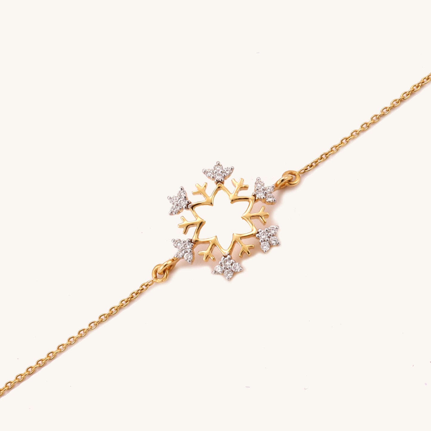 Elevate your everyday look with the 18kt Snowflake Diamond Bracelet. This versatile bracelet is perfect for work, casual occasions, and gifting. Achieve a polished, understated elegance with this Under Rs. 30,000 piece from our everyday wear collection. Pair it with your favorite outfits to add a touch of effortless luxury and sophistication to your style.