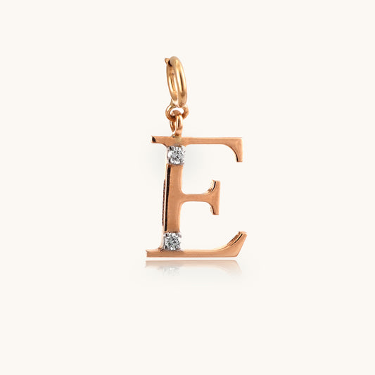 18kt gold "E" initial pendant with VVS diamonds—affordable luxury fine jewellery for women.