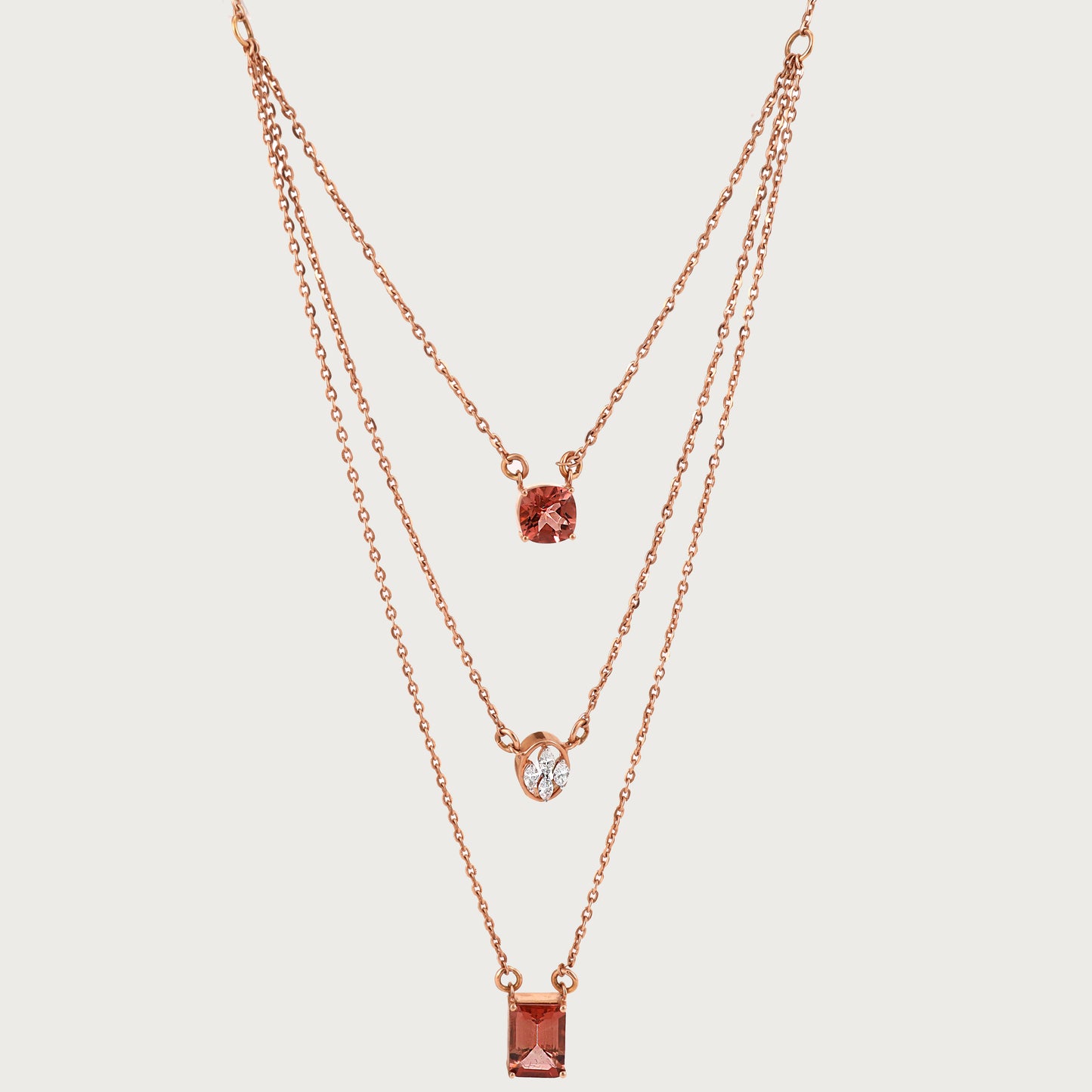 Triple Chain Necklace in 18kt gold with VVS diamonds—layered fine jewellery for modern elegance under 120,000.