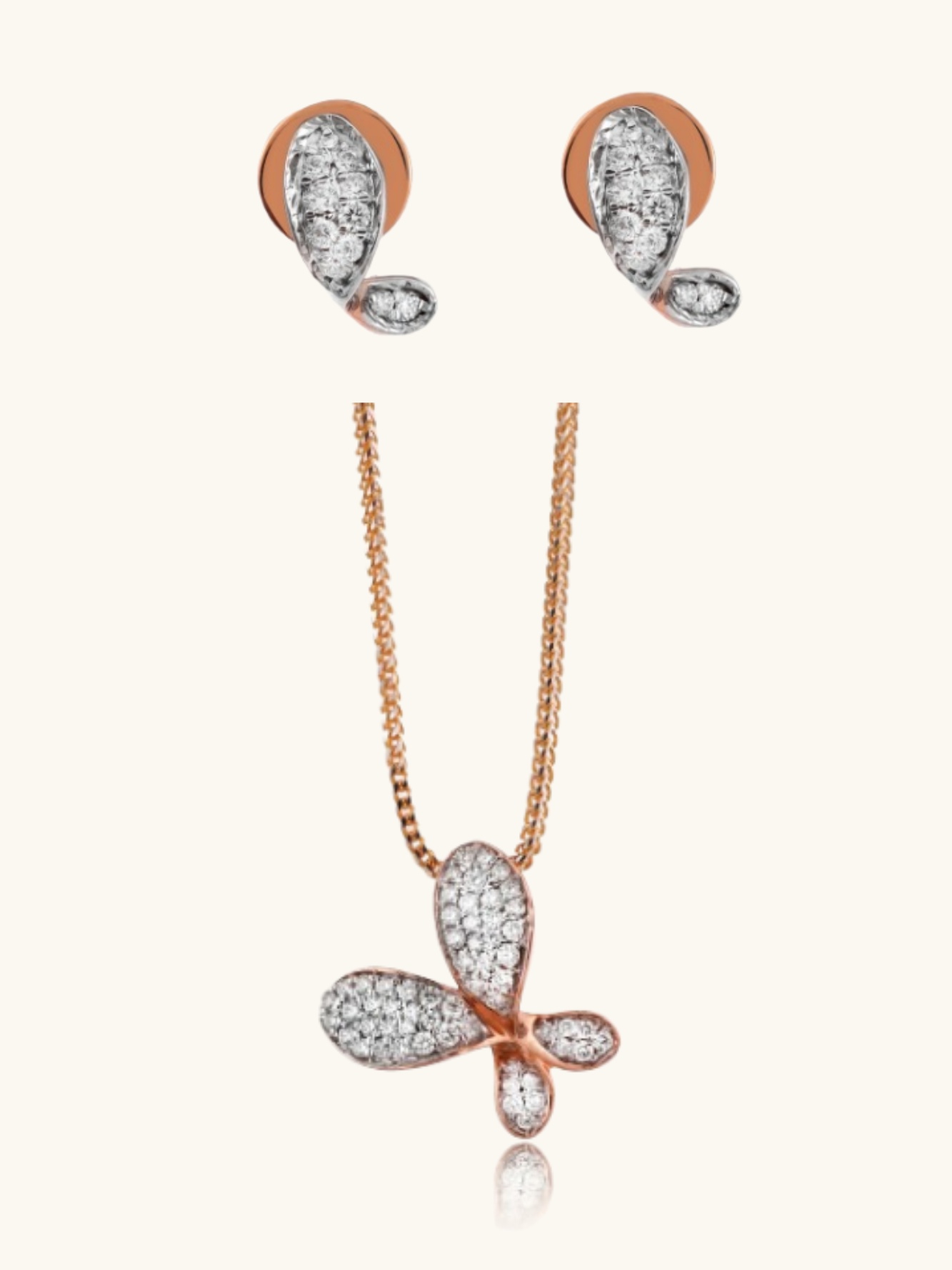 Fly Diamond Set in 18kt gold with IGI certified diamonds – minimal, BIS hallmarked jewellery set.