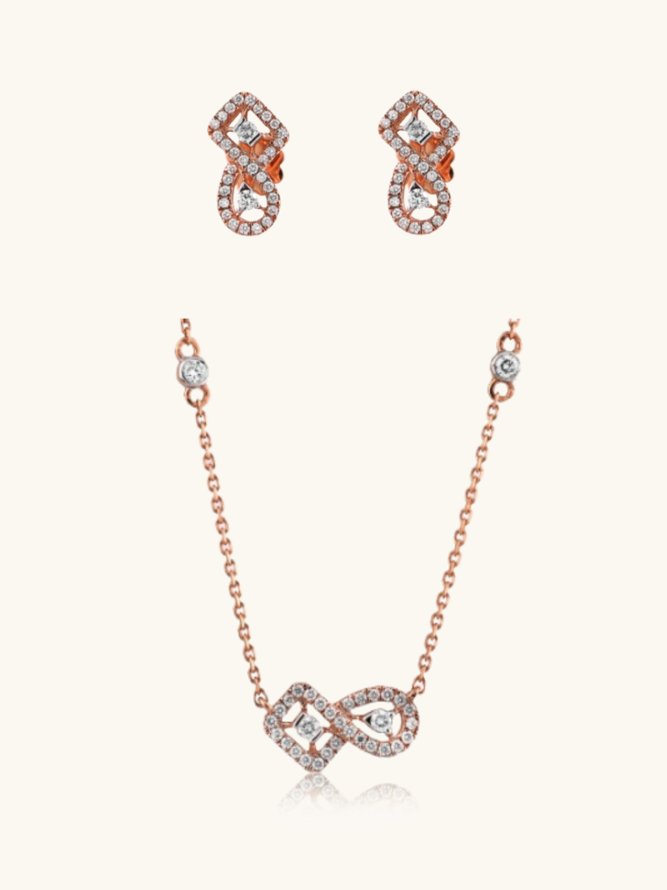 Elegant 18kt gold diamond necklace & earrings—minimal fine jewellery with affordable luxury appeal.