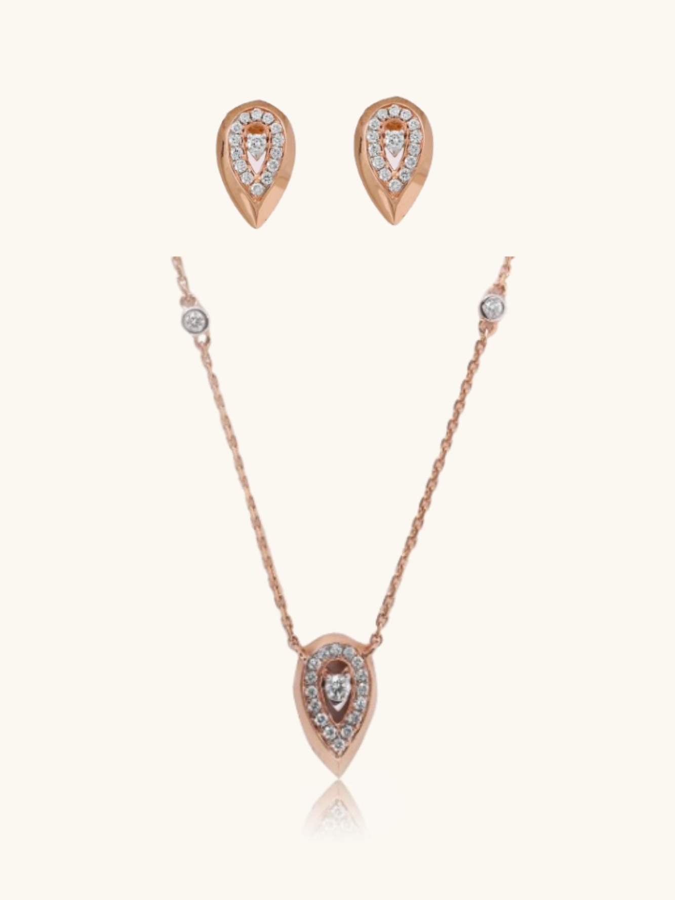 Elegant 18kt gold diamond necklace & earrings—minimal fine jewellery with trendy aesthetics for women.