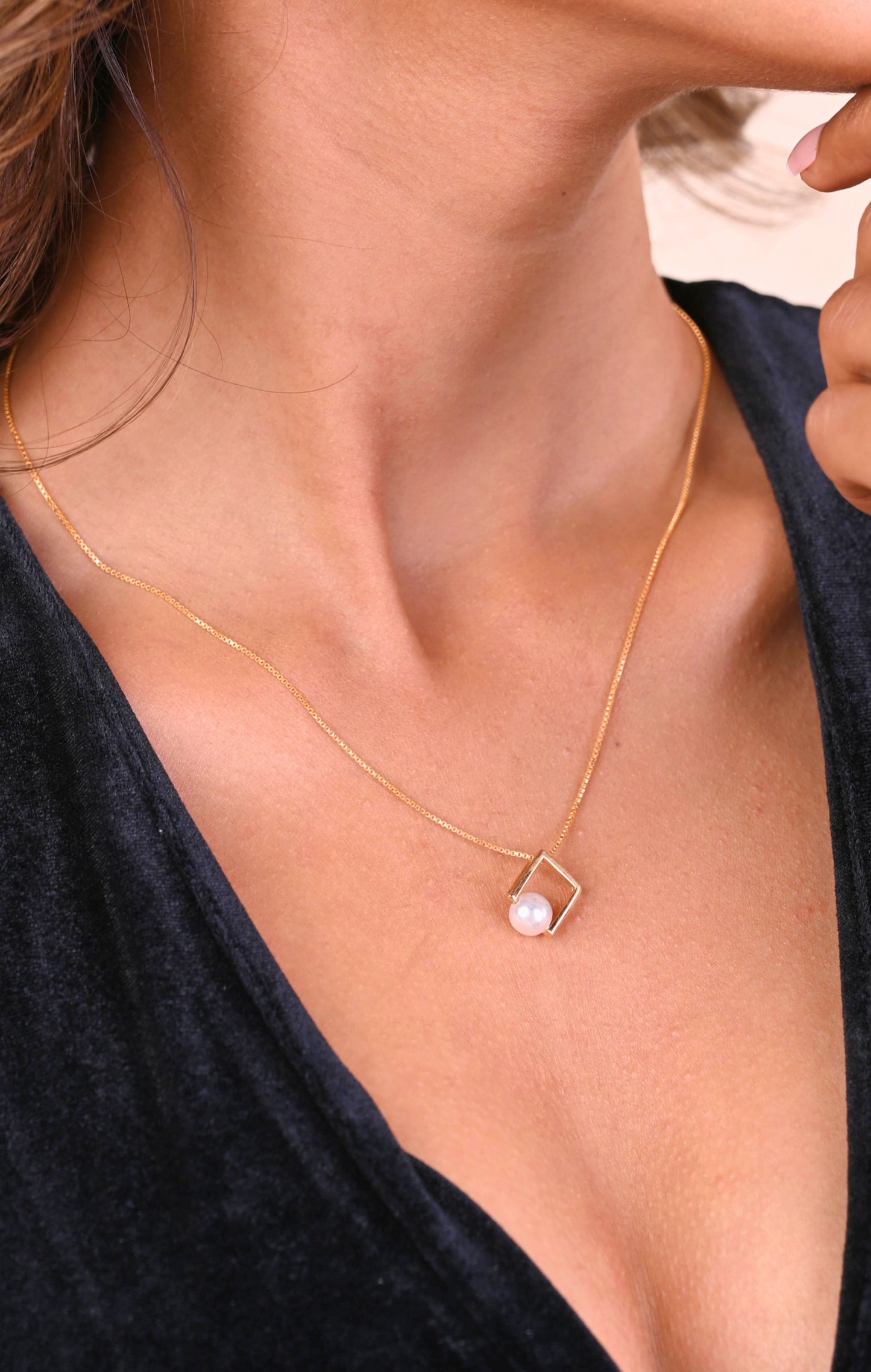 Gold Square Pearl Necklace in 18kt gold & pearl; BIS-certified minimalist jewelry gift for her under 30,000!