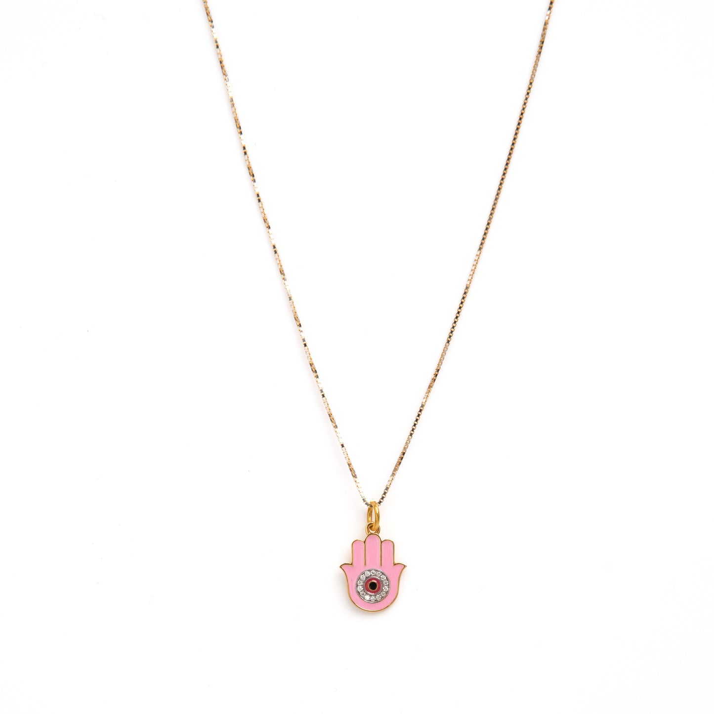 Pink Hamsa Charm crafted with 18kt gold. It's perfect for daily wear, symbolizing protection and good fortune. Explore our affordable collection for gifting ideas under 30,000, and discover the perfect addition to your 9 to 5 workwear edit.