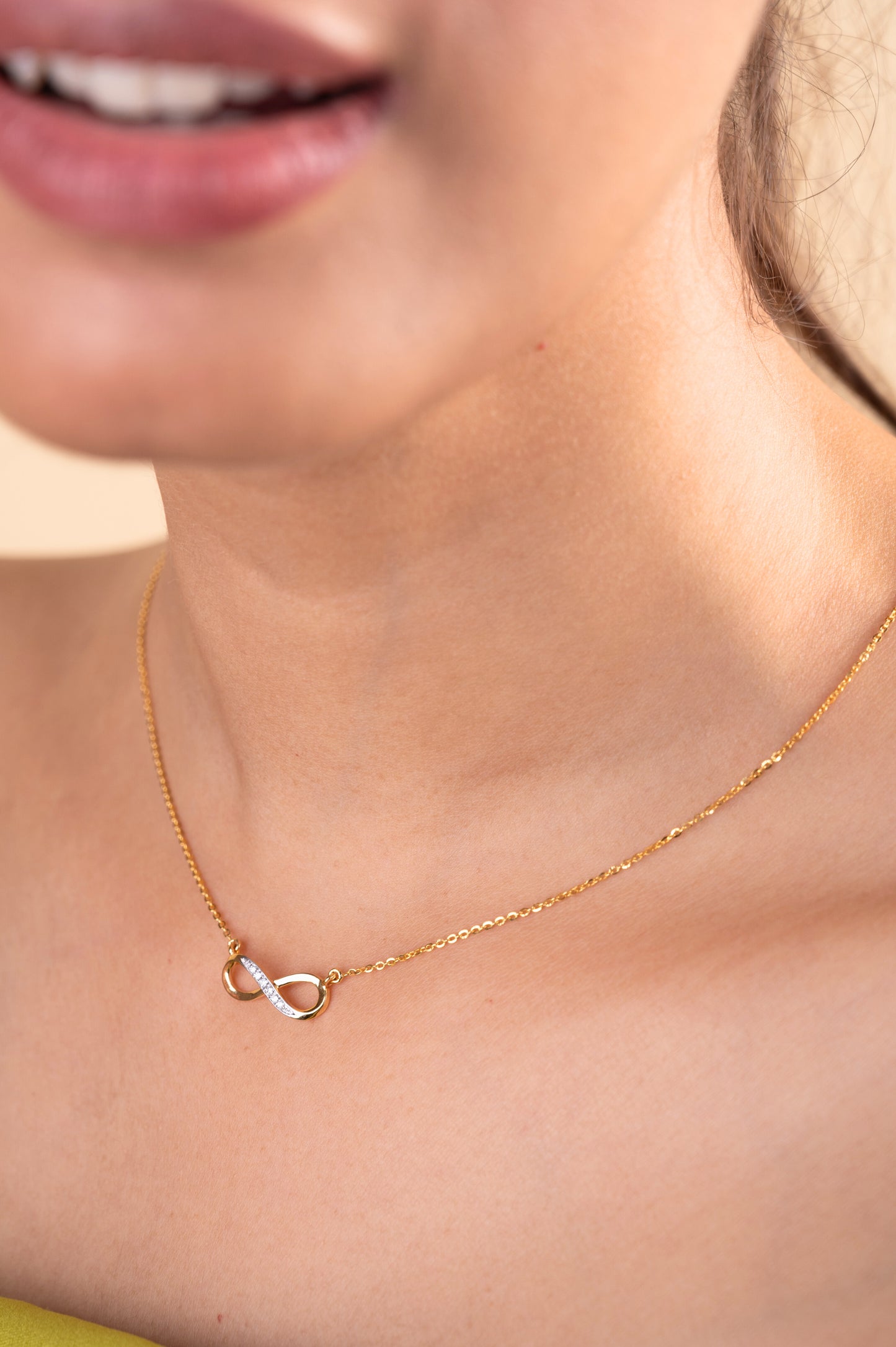Infinity Diamond Necklace in 18kt gold featuring VVS diamonds, perfect for everyday wear or gifting. Caratly luxury jewelry under 30k.