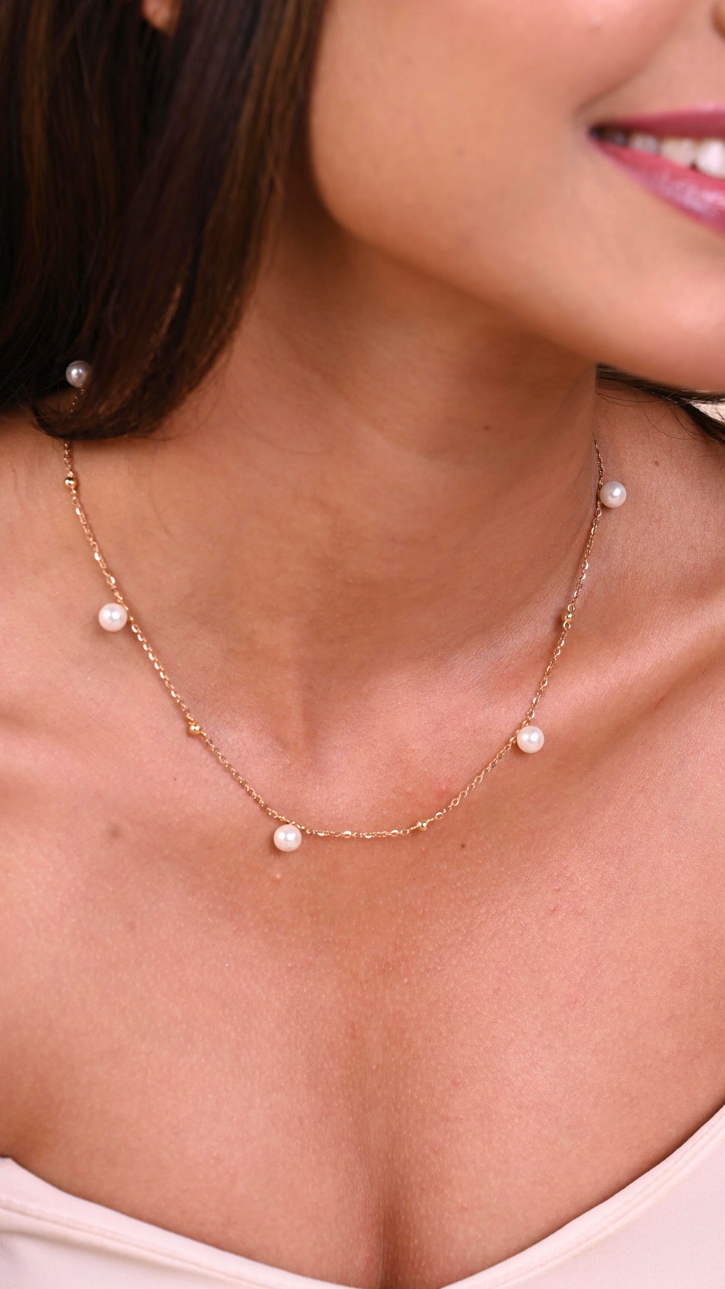 Pearl Gold Chain in 18kt gold with pearls; BIS hallmarked minimalist jewelry gift for her under 50,000