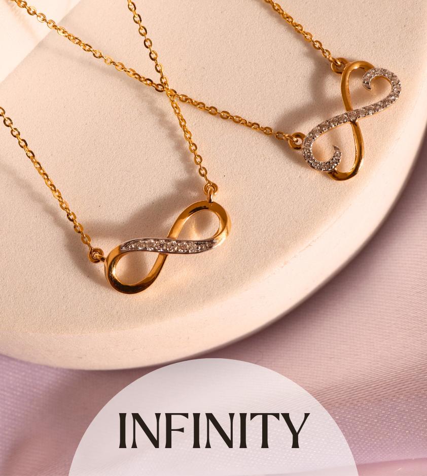 Infinity jewelry collection in 18kt gold and diamonds, featuring elegant rings, pendants, and bracelets—perfect for meaningful, lasting gifts.