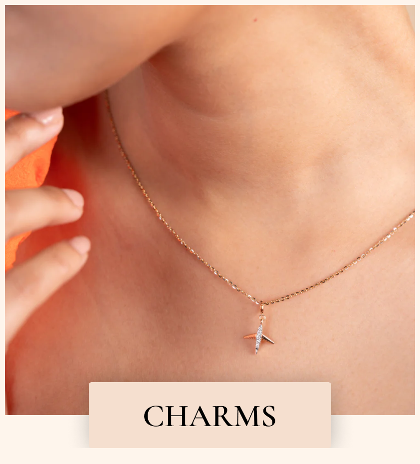 Caratly's charms collection featuring 18kt gold and natural diamonds. Affordable, certified jewelry priced under Rs 15k, 20k, 30k, and 50k. Perfect for everyday wear, workwear, and as gifts for her. Shop minimal jewelry for women.