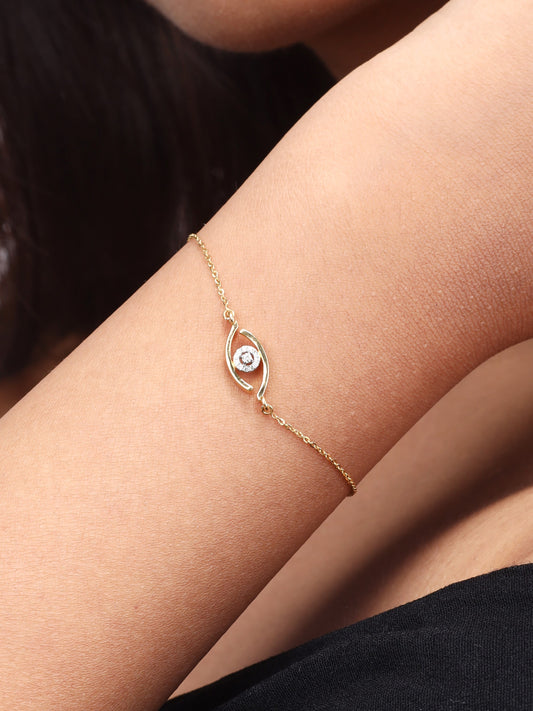 18kt Gold evil eye diamond bracelet. Symbolic daily wear jewellery for women. Meaningful everyday diamond bracelet to add on to your workwear edit - a protective gift for her under 30,000 collections.