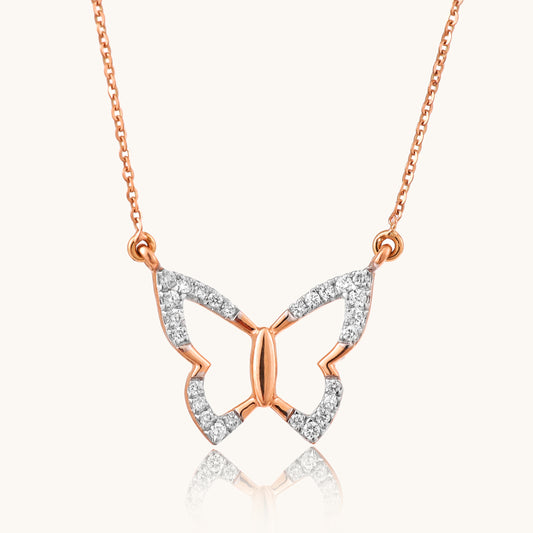 Stunning 18kt gold butterfly diamond necklace from Spring Edit under Rs. 50,000 adds effortless elegance day or night. Perfect for any outfit, this exquisite piece makes a thoughtful gift for her.