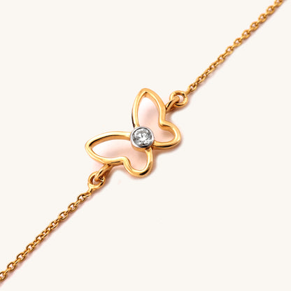 Elevate your style with the 18Kt Gold and Diamond Elsa Butterfly Bracelet from our spring collection. This exquisite piece adds timeless elegance to any occasion, making it the perfect accessory for everyday wear. Discover the beauty of this affordable, yet luxurious bracelet, priced under Rs. 30,000 for the modern woman.