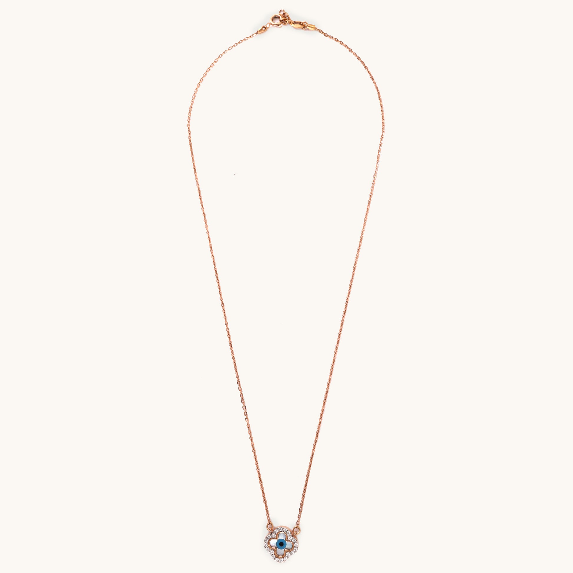 18kt gold Clover Evileye Necklace with VVS diamonds—chic fine jewellery under ₹60,000 for women.