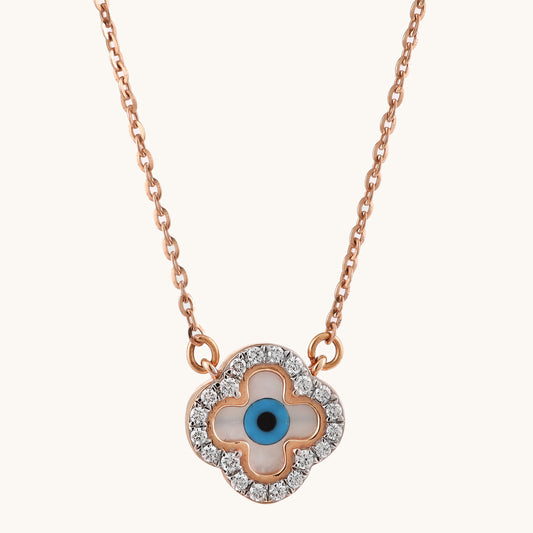 18kt gold Clover Evileye Necklace with VVS diamonds—chic fine jewellery under ₹60,000 for women.