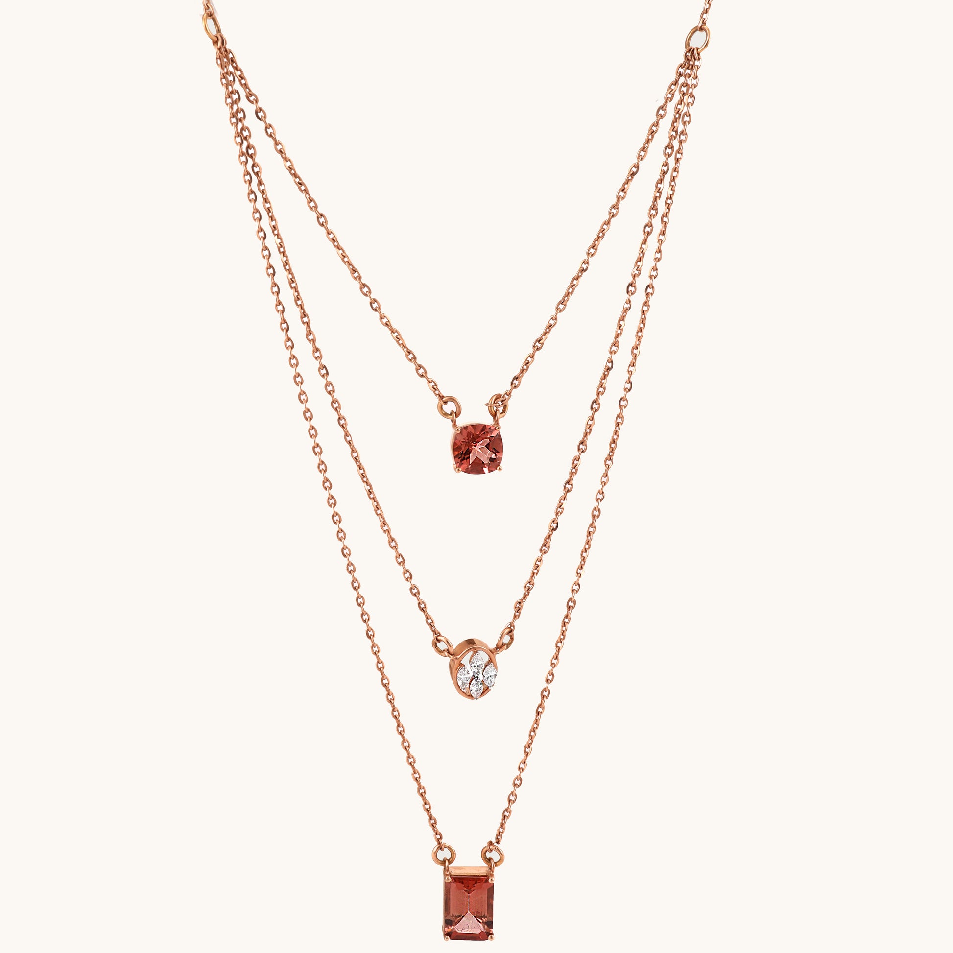 Triple Chain Necklace in 18kt gold with VVS diamonds—layered fine jewellery for modern elegance under 120,000.