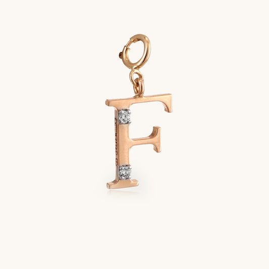 18kt gold "F" initial pendant with VVS diamonds—affordable luxury fine jewellery for women.
