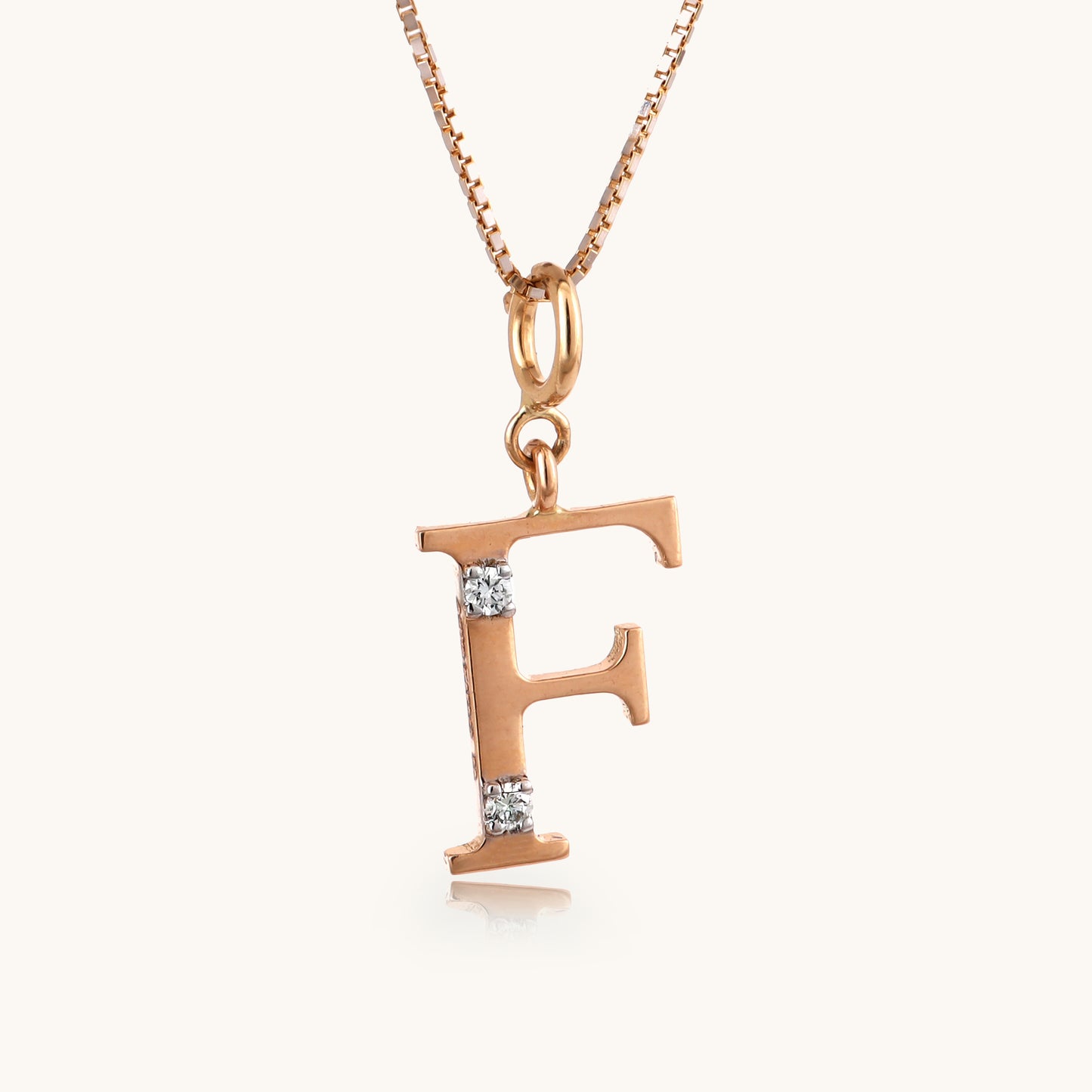 18kt gold "F" initial pendant with VVS diamonds—affordable luxury fine jewellery for women.