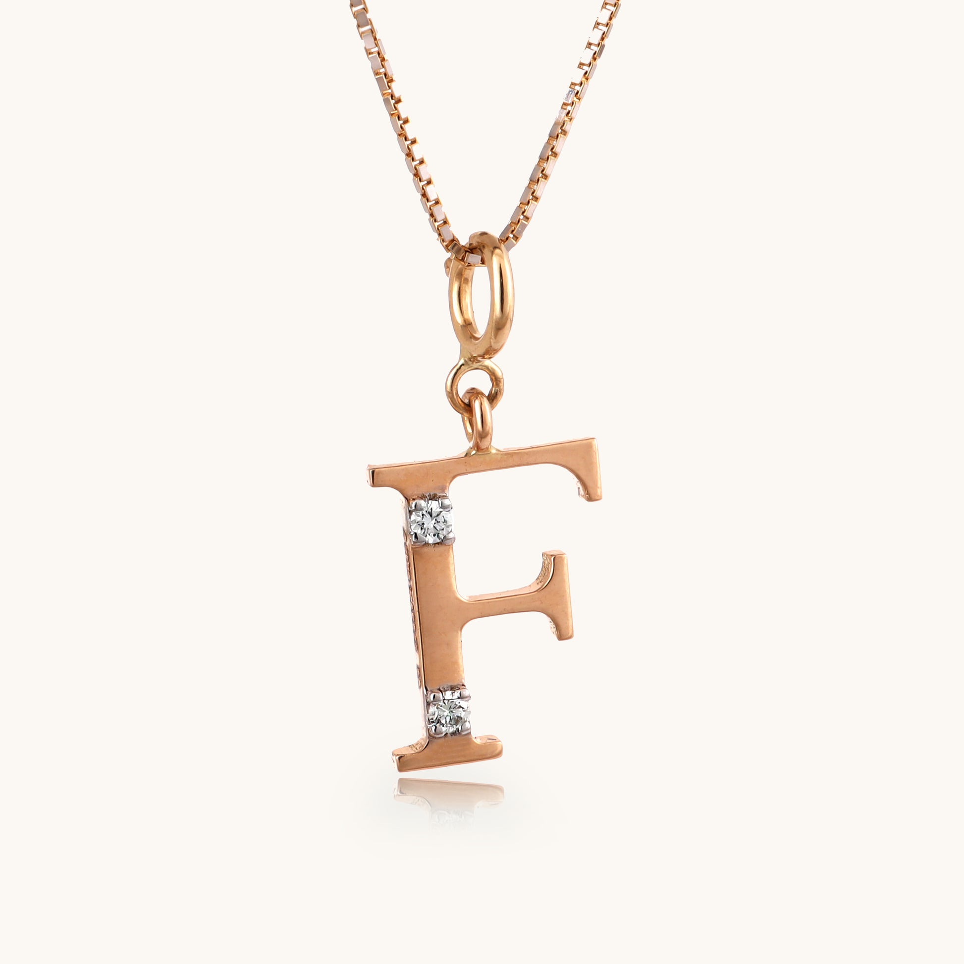 18kt gold "F" initial pendant with VVS diamonds—affordable luxury fine jewellery for women.