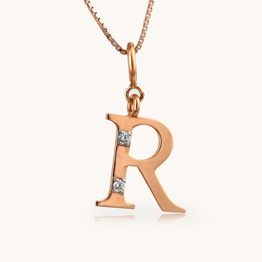 18kt gold "R" initial pendant with natural diamonds—personalized fine jewellery under ₹15,000.