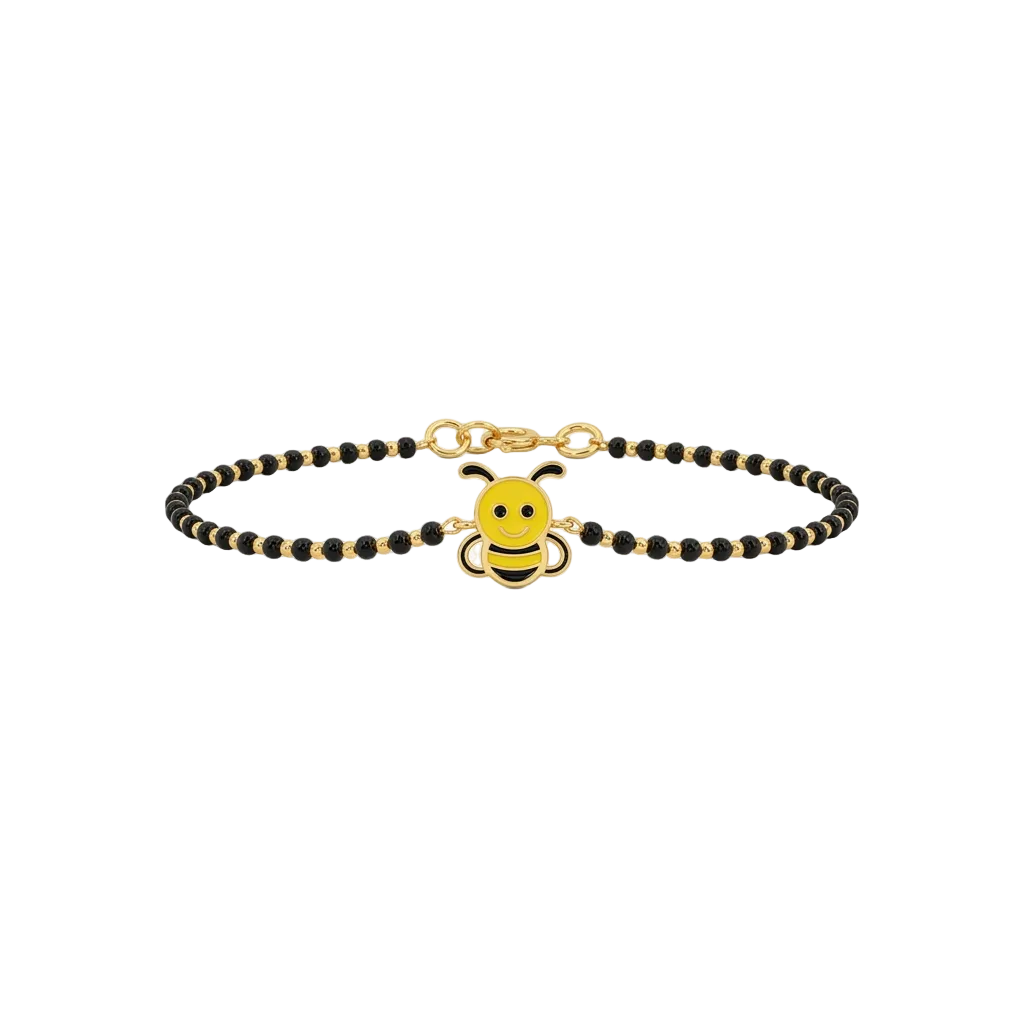 Black bead bracelet with a gold clasp and a yellow enamel bee charm. Cute and minimal gifts for kids under Rs. 40,000