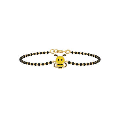 Black bead bracelet with a gold clasp and a yellow enamel bee charm. Cute and minimal gifts for kids under Rs. 40,000