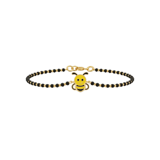Black bead bracelet with a gold clasp and a yellow enamel bee charm. Cute and minimal gifts for kids under Rs. 40,000