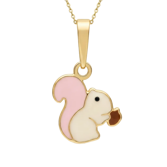 Gold chipmunk pendant with pink and white enamel detailing. Cute gifts under Rs. 20,000