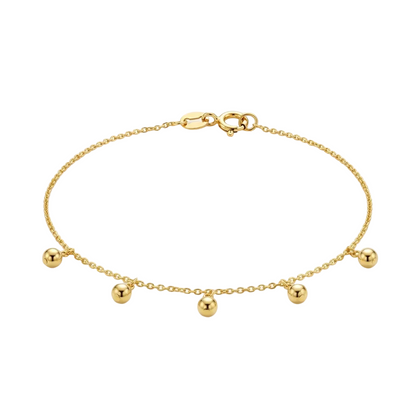 Gold chain bracelet with five small dangling gold ball charms priced under Rs. 60,000
