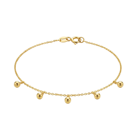 Gold chain bracelet with five small dangling gold ball charms priced under Rs. 60,000