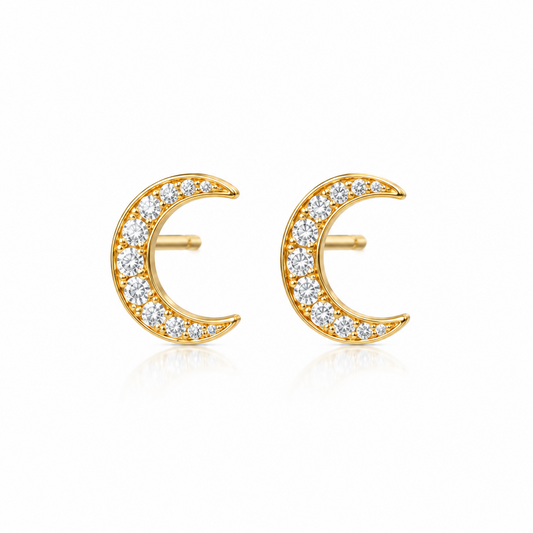 Gold crescent moon stud earrings fully paved with sparkling diamonds priced under Rs. 30,000