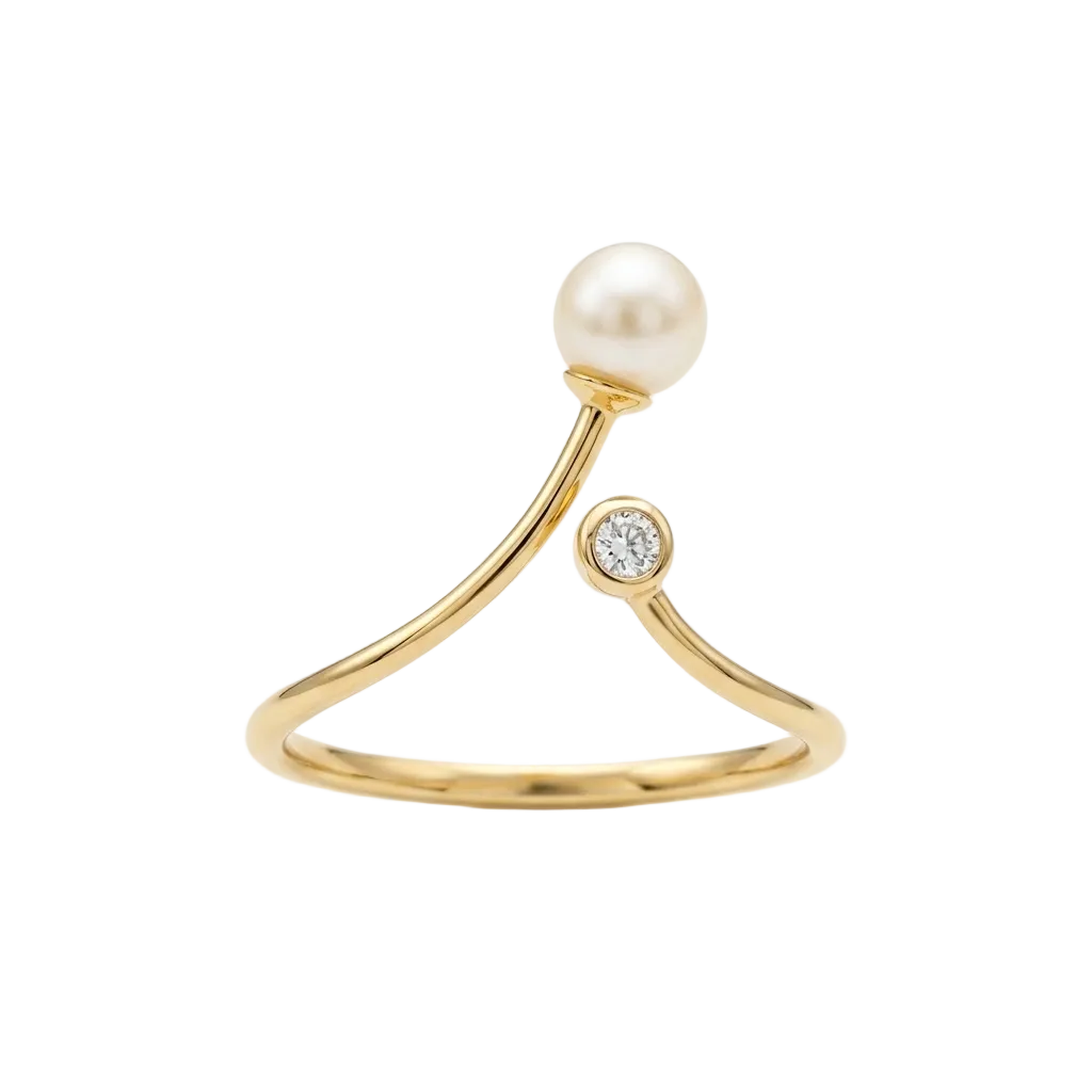 Gold ring with a curved open band, topped with a white pearl and a small diamond under Rs. 20,000