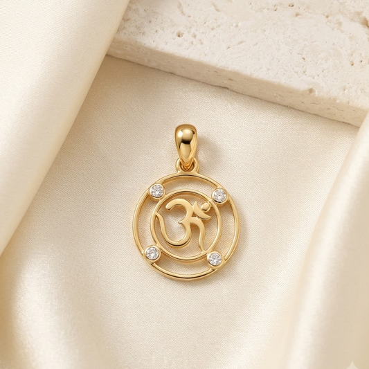 Om symbol pendant in a circular frame set with sparkling diamond accents, priced under Rs. 20,000