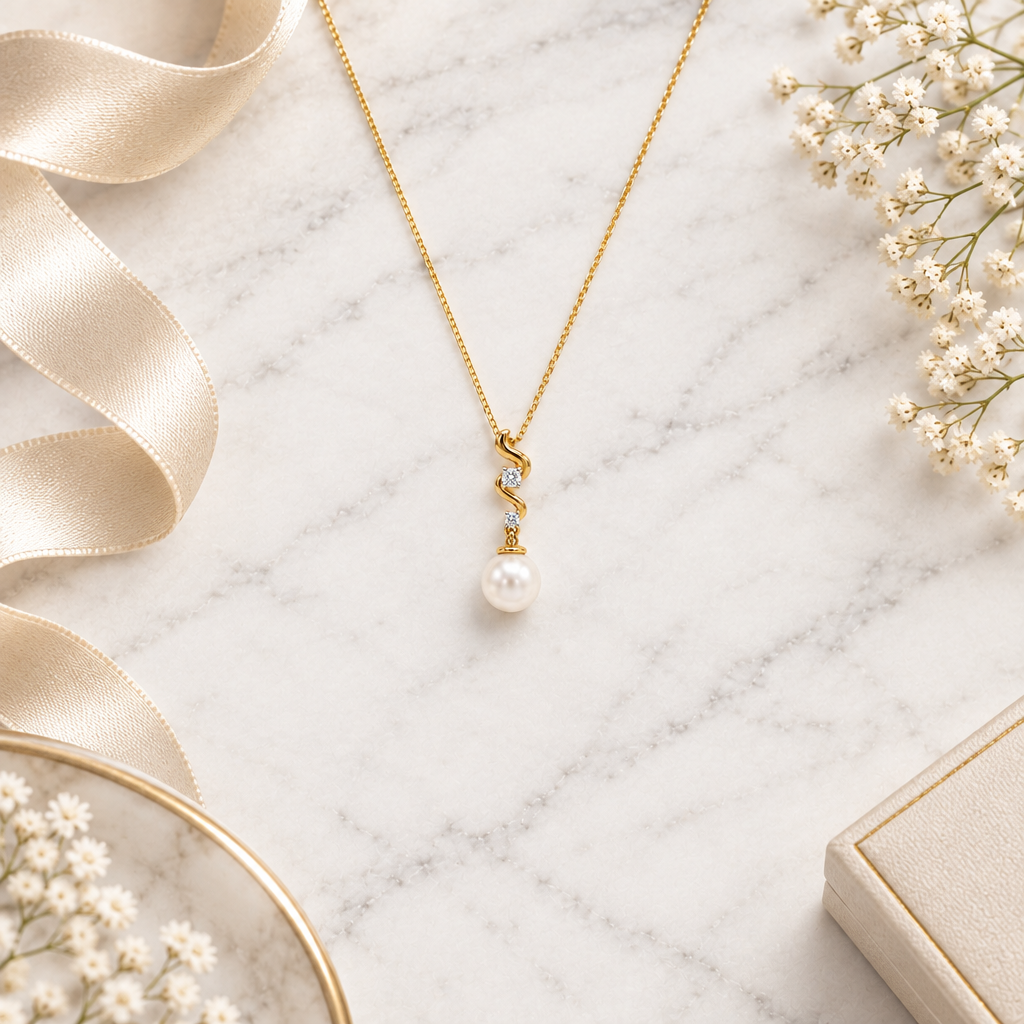 Gold swirled pendant set with two diamonds above a large lustrous pearl drop priced under Rs. 20,000