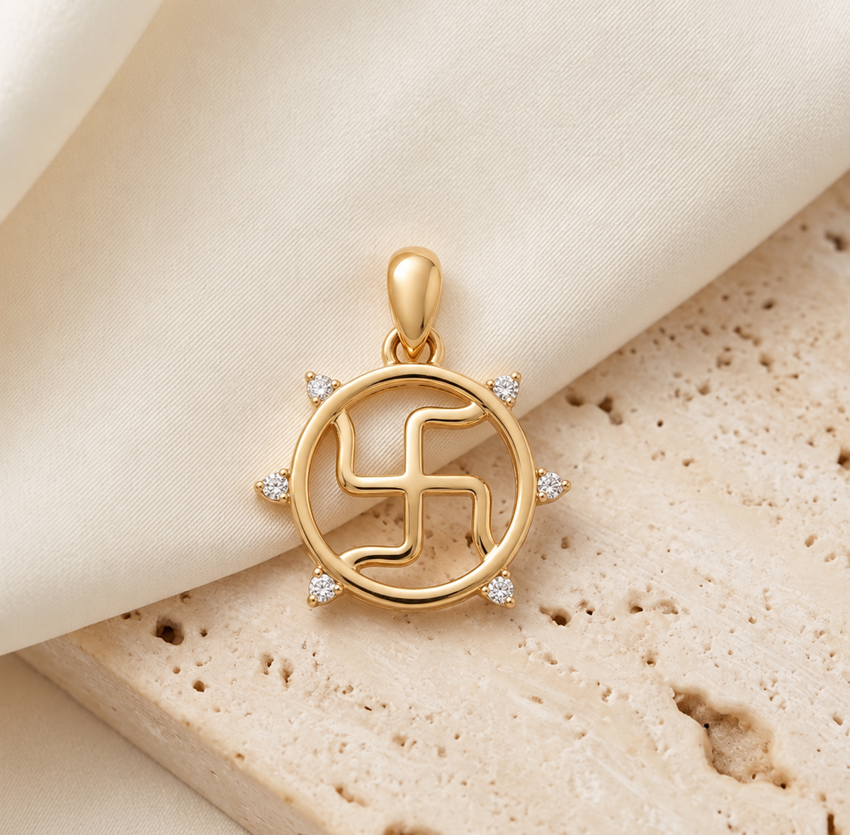 Gold swastik pendant in a circular frame set with sparkling diamond accents, minimal gifts starts at Rs. 15,000