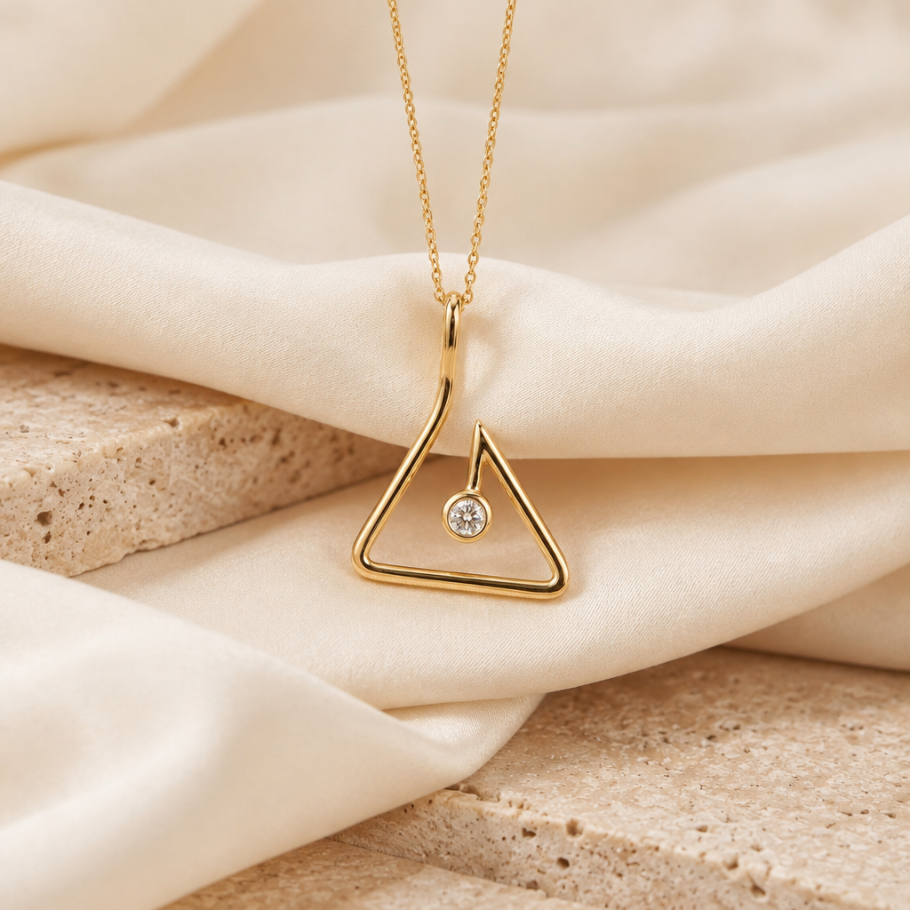 Gold double triangle pendant on a chain, set with a sparkling centre diamond priced under Rs. 15,000