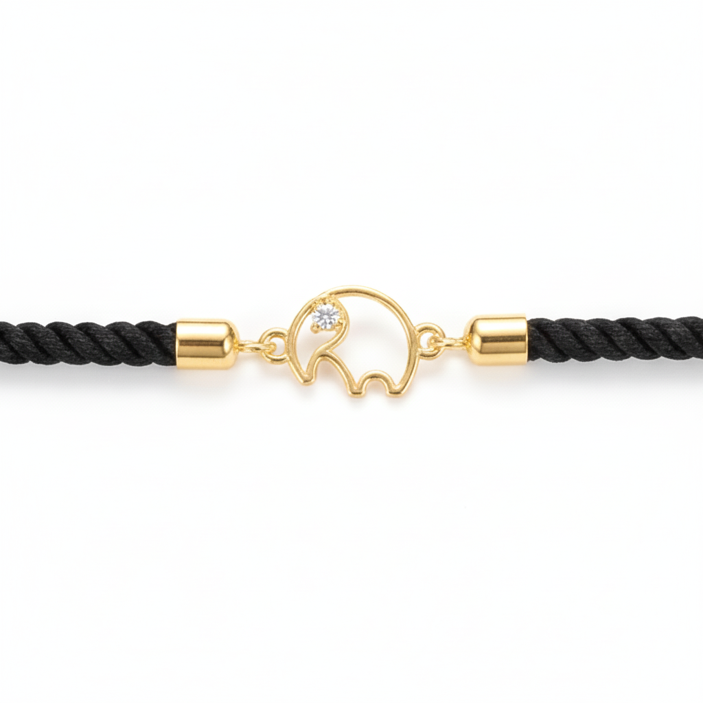 Black rope men's bracelet with an 18kt gold elephant charm and a diamond accent. A gold gift for him under Rs. 15,000