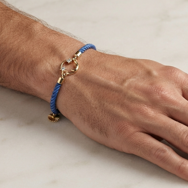 Blue rope men's diamond bracelet with an 18kt gold circular charm and diamond accents. Gold Gift for Him under Rs. 15,000