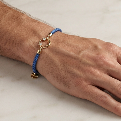 Blue rope men's diamond bracelet with an 18kt gold circular charm and diamond accents. Gold Gift for Him under Rs. 15,000