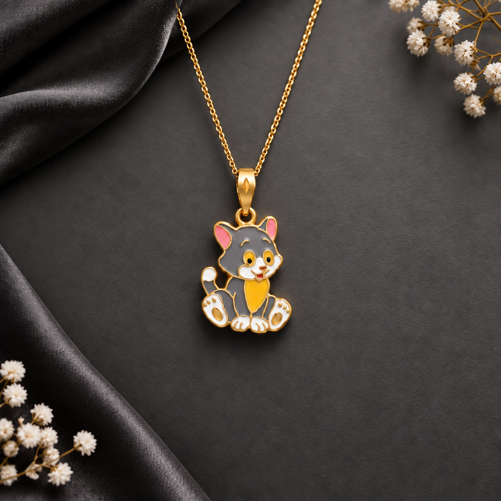 Gold enamel cat pendant with grey and orange detailing