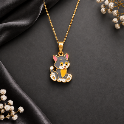 Gold enamel cat pendant with grey and orange detailing