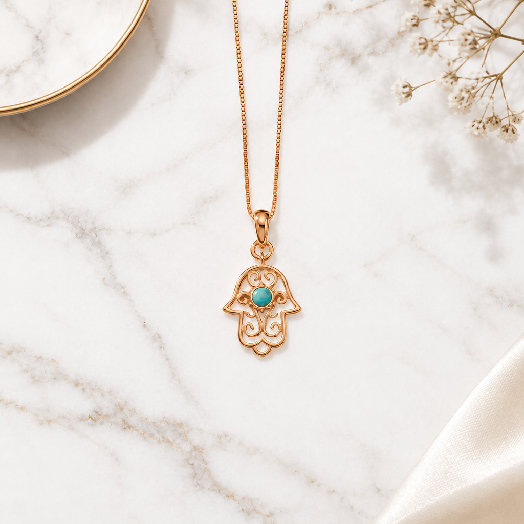 Gold hamsa hand pendant with white enamel detailing and a turquoise stone center. Perfect minimal gift for her under Rs. 15,000
