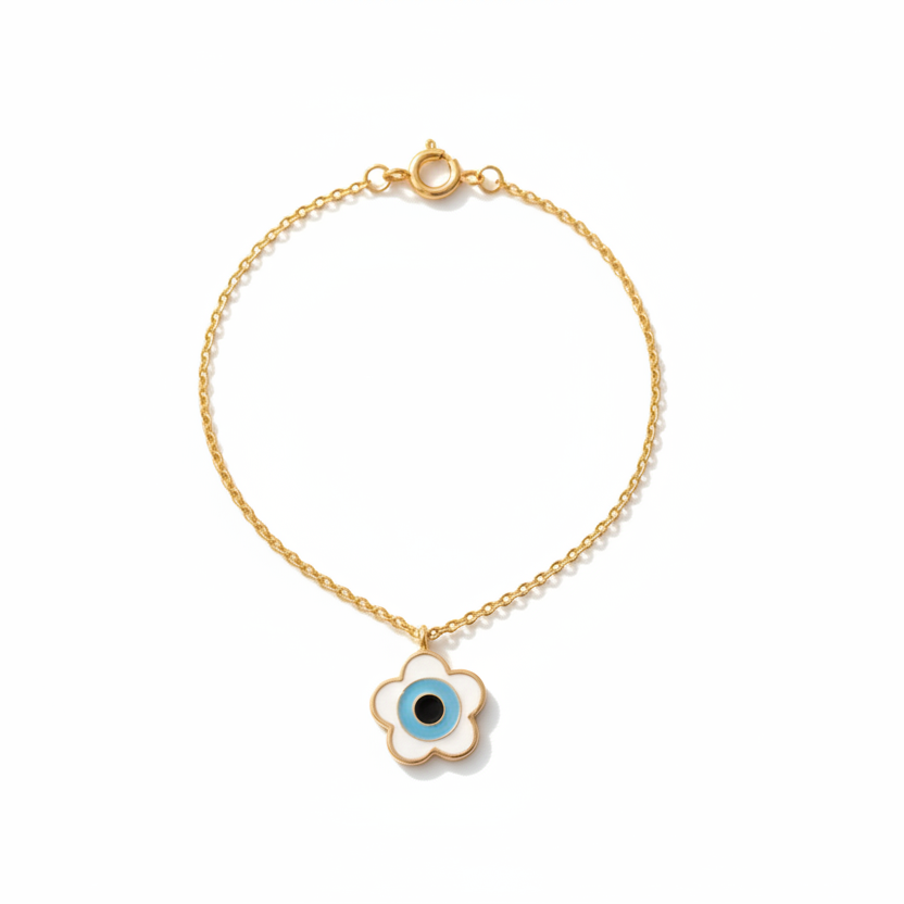 Delicate gold chain bracelet with a white flower-shaped evil eye charm under Rs. 25,000