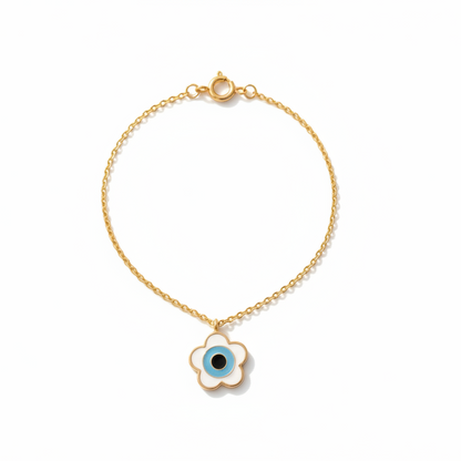 Delicate gold chain bracelet with a white flower-shaped evil eye charm under Rs. 25,000