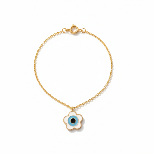 Delicate gold chain bracelet with a white flower-shaped evil eye charm under Rs. 25,000