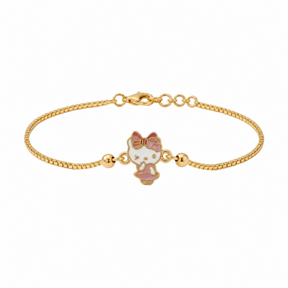 Gold link bracelet featuring a pink and white Hello Kitty charm. A minimal gold gift for kids under Rs. 40,000