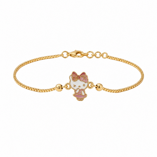 Gold link bracelet featuring a pink and white Hello Kitty charm. A minimal gold gift for kids under Rs. 40,000