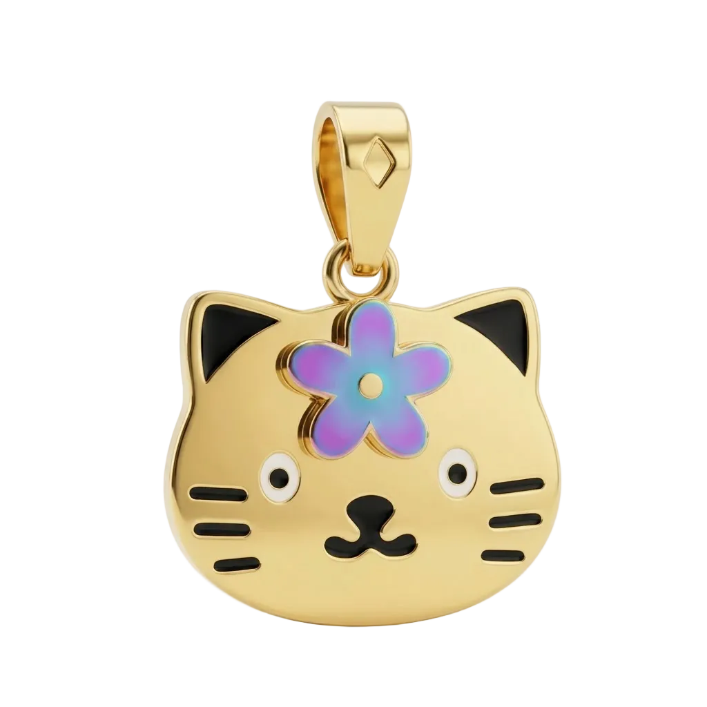 Gold cat-face pendant with a purple enamel flower and black whisker details. Cute gifts for kids under Rs. 50,000