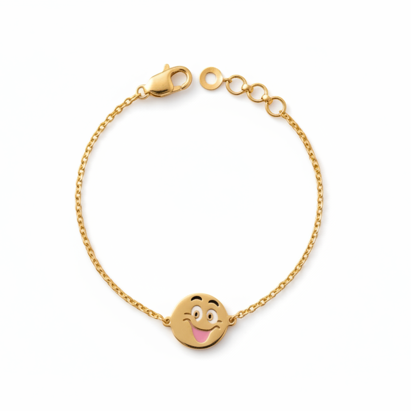 Gold bracelet with a brown laughing-face enamel charm at the center. Cute gifts for kids under Rs. 35,000