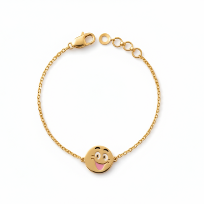 Gold bracelet with a brown laughing-face enamel charm at the center. Cute gifts for kids under Rs. 35,000
