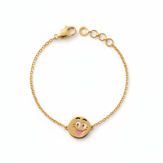 Gold bracelet with a brown laughing-face enamel charm at the center. Cute gifts for kids under Rs. 35,000
