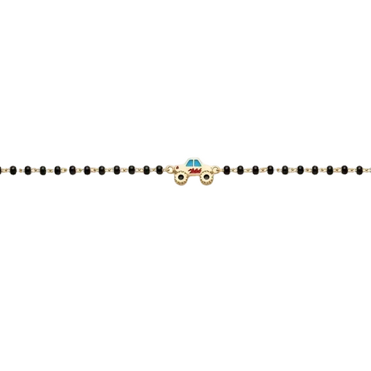 Black bead bracelet with a red and gold race car charm at the center priced under Ra. 30,000